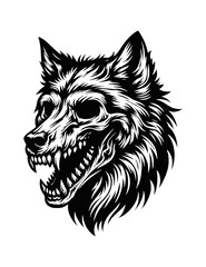 Obraz premium Detailed Black and White Vector Graphic of Wolf Head with Open Mouth Showing Teeth