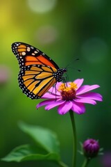 Fototapeta premium Monarch butterfly feeding on bright purple flower , bloom, nature photography
