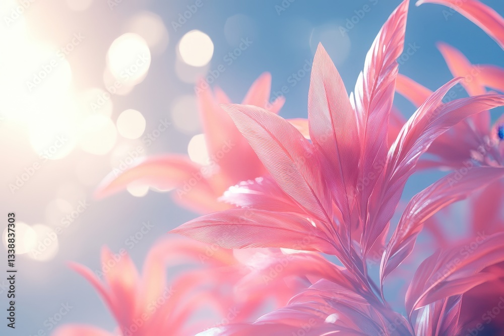 Aufkleber Lush green palm leaves basking in warm sunlight with soft bokeh background, creating a serene tropical atmosphere