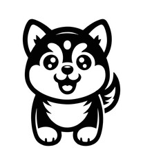 Cute Shiba Inu Standing Upright with Open Mouth Smiling and Showing Teeth in Black and White Vector