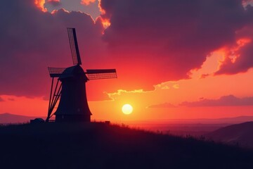 Obraz premium Silhouetted windmill at sunset, reflecting orange and purple sky , dutch windmill, silhouette, beautiful