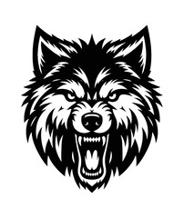 Angry wolf head growling with open mouth and sharp teeth in black and white vector illustration