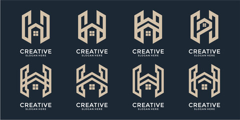 Eight Beige Geometric House Logos on Dark Background
