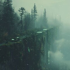 Obraz premium Foggy forest clifftop, surreal landscape
