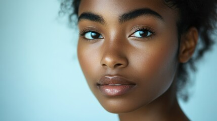 Naklejka premium A makeup-free portrait of a young Black woman with glowing, dewy skin, confident gaze, minimalistic background