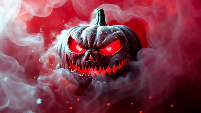 Mysterious Pumpkin: A sinister-looking pumpkin, its carved face illuminated with glowing red eyes, shrouded in an eerie cloud of smoke.