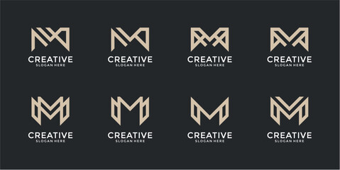 Eight Beige Pixel Art Letter M Logos on Dark Background