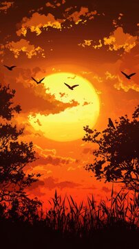 A Golden Sunset With Birds And Tree Silhouettes T Ba9ed42b-b 943