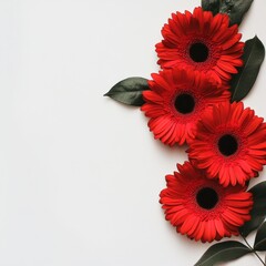 Elegant arrangement featuring bright red gerbera daisies and green leaves