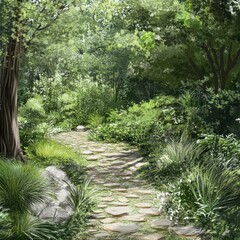 Lush forest path winding through greenery