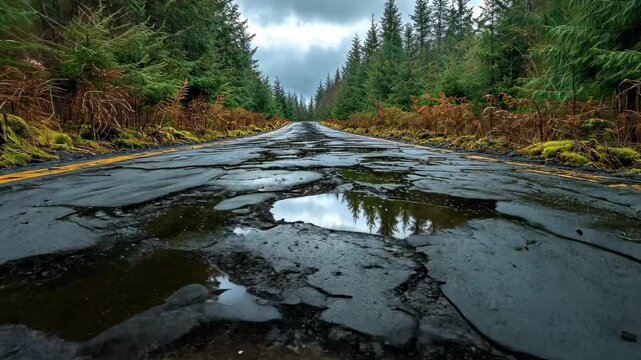 Damaged Road Through a Forest