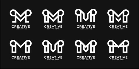 Eight Minimalist White Letter M Logos on Black Background