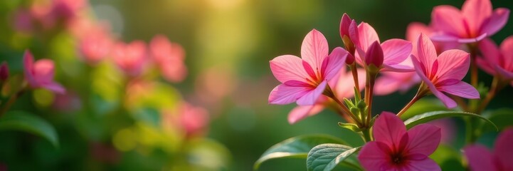 Vibrant pink flowers, green foliage, shallow depth of field, color, flower backdrop, plant