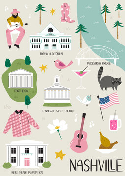 Illustrated map of Nashville, Tennessee USA with landmarks and symbols.