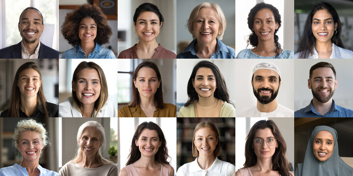 Happy smiling people posing, looking at camera. Collage of diverse range of individuals, showing inclusivity, multicultural representation, various age groups, different ethnicities and professions