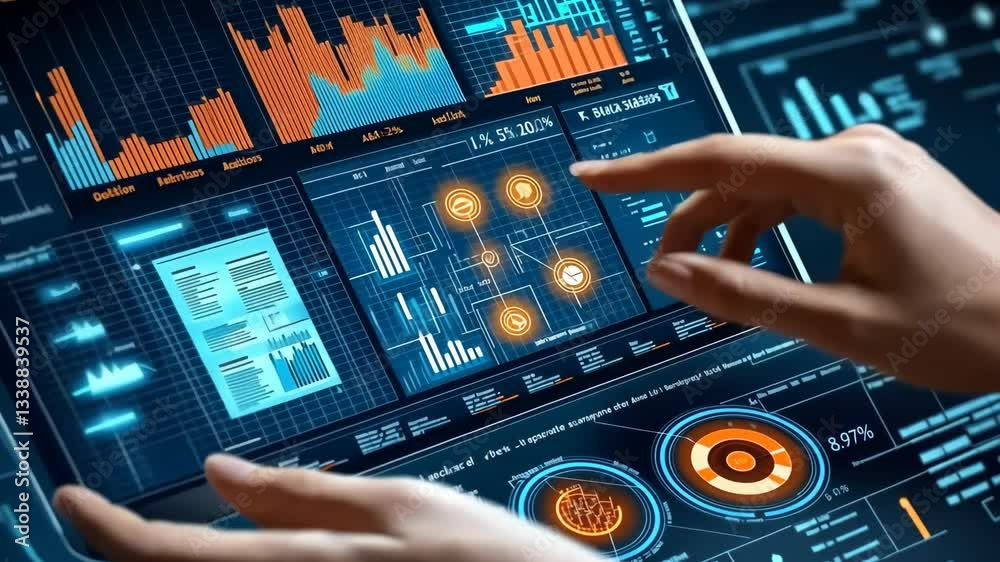 Poster A sleek touchscreen interface displays dynamic data visualizations and analytics for business decisions, with hands interacting with graphs, charts, and metrics, highlighting technologys modern role