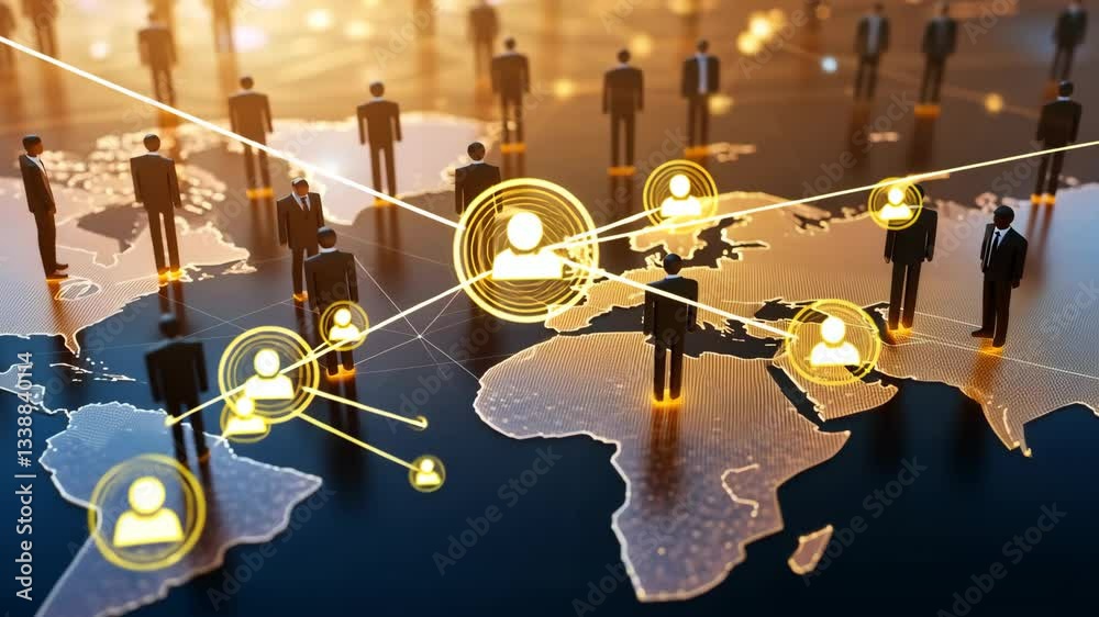 Poster A striking depiction of a global network, showing interconnected individuals on a digital map, symbolizing the significance of business collaboration and the push for technological innovation