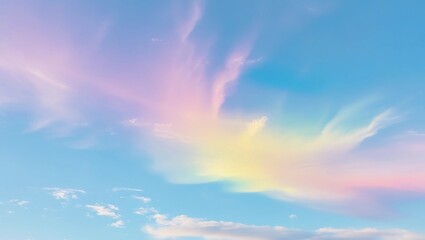 Fototapeta premium Abstract clear blue sky. Pastel rainbow. Light blue, pink and yellow color banner. Pastel gradient sky pattern. Blurred light fuzz colorful gradient background. soft horizontal backdrop