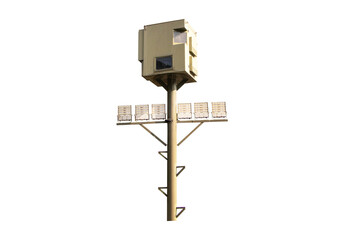 Large spotlight box pole isolated on cut out PNG or transparent background.Technology that provides light in wide area. Beautifully shaped set in park to illuminate night. Safety floodlight on road.