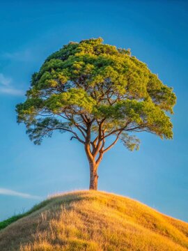 Lonely tree on the hill in the morning light, sunset