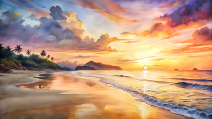 Fototapeta premium Watercolor Sun Set on the Beach.