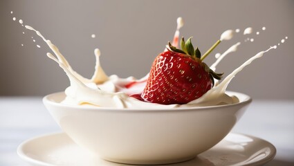 A vibrant strawberry splashes into creamy yogurt, creating dynamic droplets in a minimalist setting.
