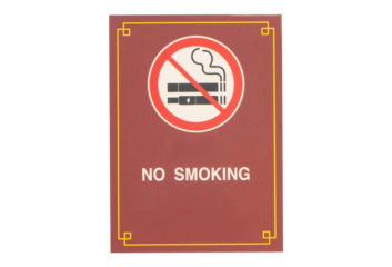 Signs or sign symbol plastic brown NO SMOKING isolated on cut out PNG or transparent background. Symbol that must respected prohibition.