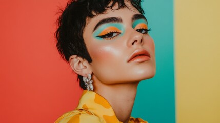 Naklejka premium A non-binary individual experimenting with bold, artistic makeup, androgynous fashion, vibrant background, confident expression