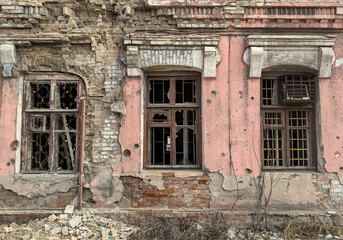 destroyed and burned houses in the city in Ukraine