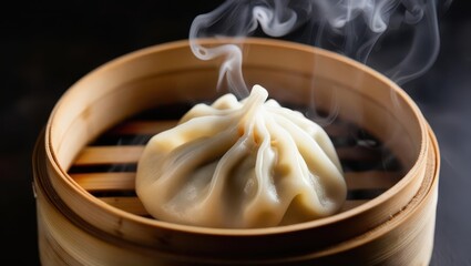 A steaming dumpling in a bamboo steamer, showcasing delicate folds and inviting aroma, perfect for a savory meal.