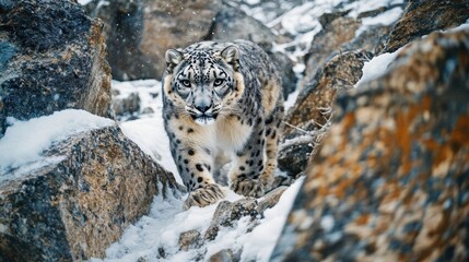 Snow leopard in snowy mountains.