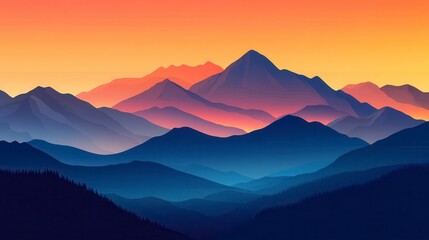 Fototapeta premium Serene Sunset Over Majestic Mountain Ranges A Vibrant Landscape Illustration