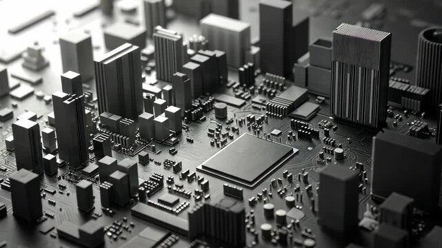 Urban landscape of a microchip showcasing intricate design and technology elements in a contemporary setting