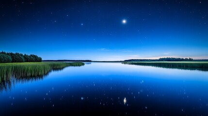 Tranquil night sky reflected over calm lake with starry horizon