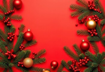 Red background, pine branches, red & gold ornaments flat lay, winter, festive