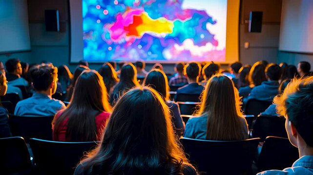 A packed cinema audience watching a colorful abstract film on the big screen, immersed in the visual experience
