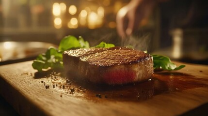 Gourmet grilled steak on a cutting board.