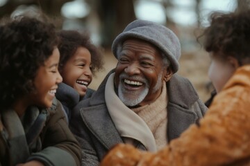 Fototapeta premium Happy grandfather laughing and enjoying time with his grandchildren and daughter outdoors