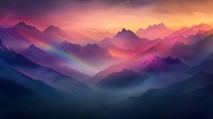 Obraz premium Vibrant mountain landscape with multicolored sky and atmospheric fog