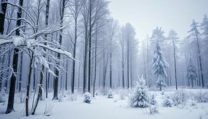 Fototapeta premium Winter Forest Landscape Covered in Snow and Fog with Bare Trees