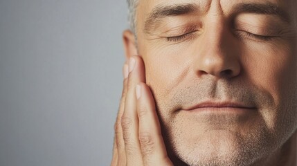 Fototapeta premium Mature man calming himself with touch.
