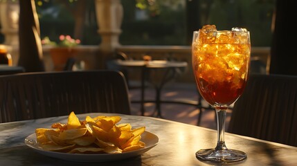 Glass of spritz and chips on the terrace of an bar