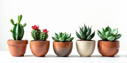 Obraz premium Assortment of potted succulents and cacti against pure white, succulent plants, image, arid