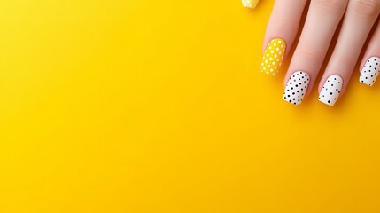 Fototapeta premium Colorful polka dot nail art design on yellow background
