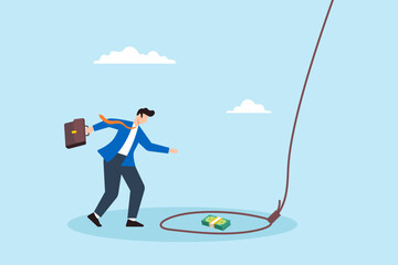 Flat illustration of greedy businessman step toward tricky rope trap bait with bundle of banknote