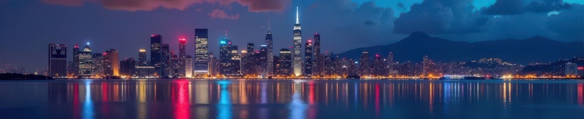 Fototapeta premium Breathtaking cityscape, glittering lights reflecting on water , metropolis, downtown