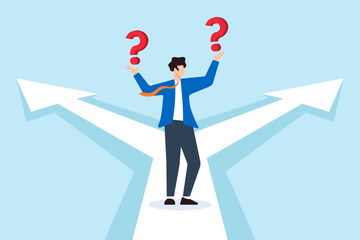 Flat illustration of businessman stand at crossroad with question mark confuse about which way to choose