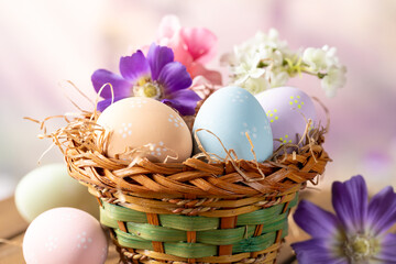 Easter eggs and flowers in a basket with colorful springtime background