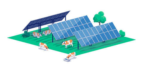 Modern farm using agrivoltaic solar panel system with tracker and livestock animals cow hiding in shadow protecting from sun heat. Dual solar power farming cattle.Isolated vector illustration. 