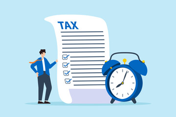 Flat illustration of businessman hold tax document and alarm clock symbolizing tax deadline reminder